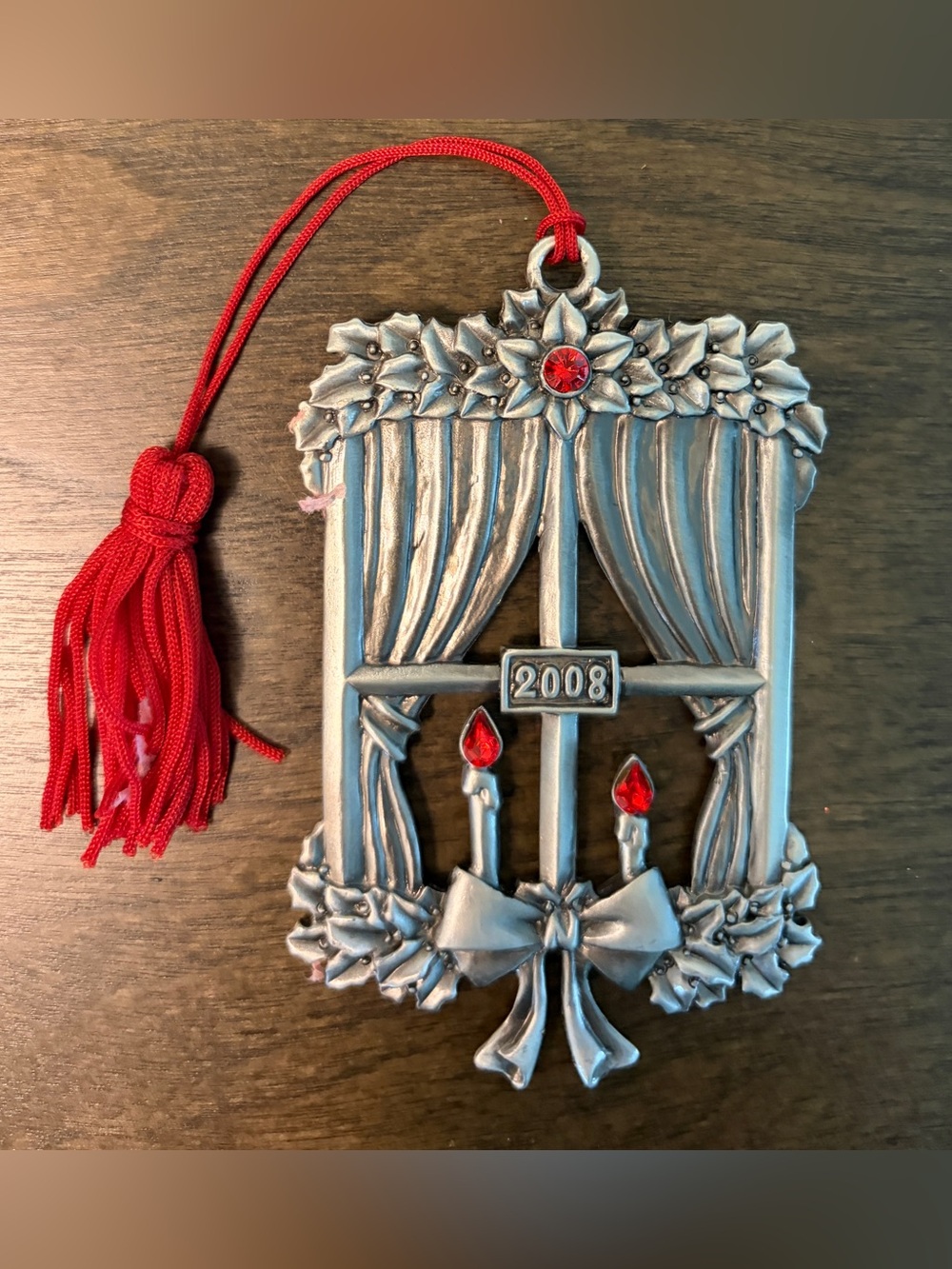 Avon 2008 Metal Pewter Christmas Ornament Window Candle Red Rhinestones Tassel
